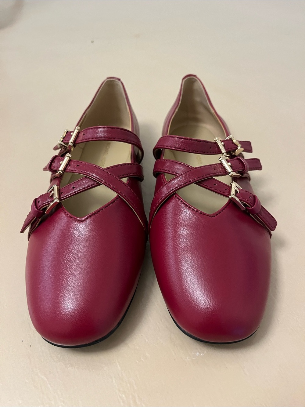 Michael Kors Berry Crisscross Mary Jane Flats with Gold Buckles